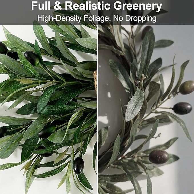 2 Pack 24" Artificial Olive Swag, Full Greenery Swag with Easy-Hang Burlap Bow, Flexible Realistic Olive Branch Wreath for Front Door, Wedding Arch, Wall, Farmhouse Home Decor