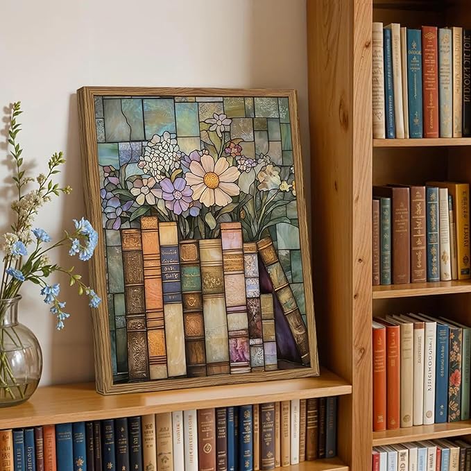 YYNISPIN Vintage Book Wildflower Wall Art Moody Stained Glass Book Lover Wall Decor Painting, Whimsical Reading Nook Library Poster Canvas Prints for Cottage Bedroom Living Room 16x24 inch Frame