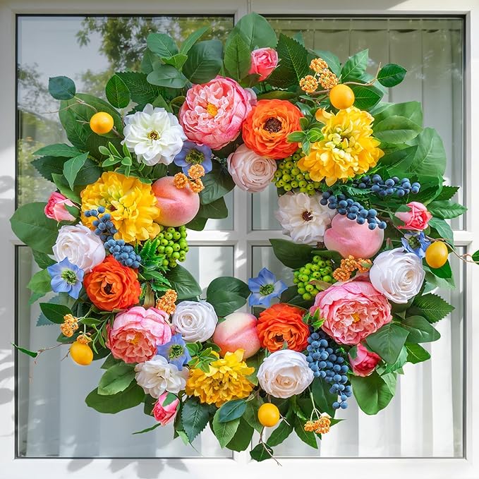 Pinkpuii Spring Wreaths for Front Door 24 Inch Vibrant Spring Summer Wreath with Peonies,Roses,Marigolds,Blueberries & Realistic Fruit Accents (Peach, Lemon)- Ideal for Porch,Entryway,Wall,Window