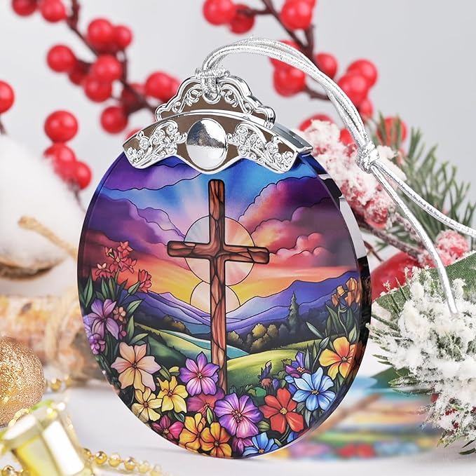 Religious Christmas Ornaments, Christmas Tree Decoration, Holiday Ornament, Christian Home Decor, Gift Exchange, Gift Idea - Cross Spring Flower