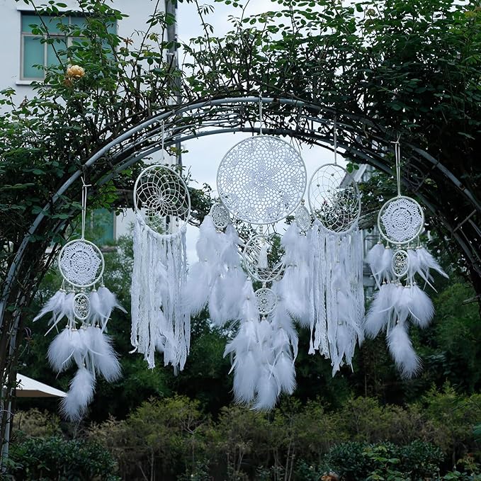 5 Pack Boho Dream Catcher Wall Hanging - White Handmade Dream Catchers Large Small Wall Decor for Bedroom Adult Sun and Moon Bohemian Hanging Decor Wedding Party Decoration for Women Teen Girls