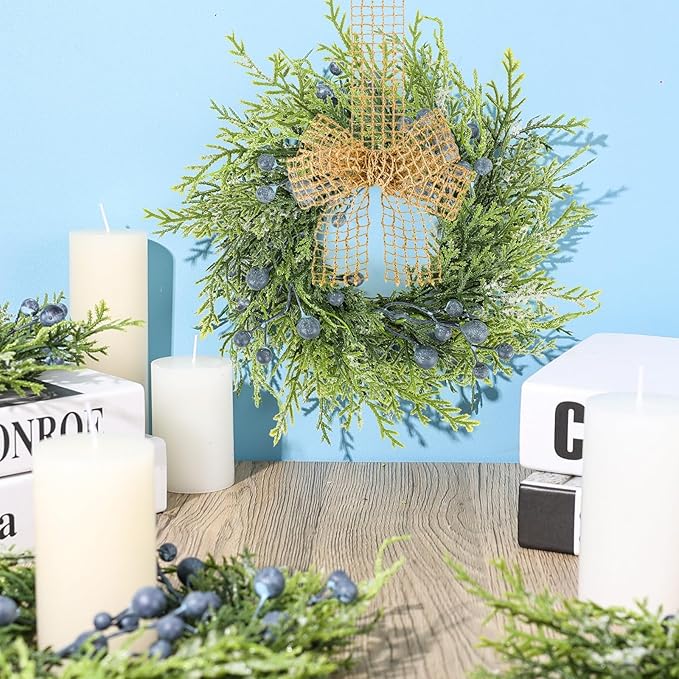 6 PCS Small Spring Summer Blue Berry Cabinet Wreath Artificial Mini Kitchen Wreaths Vintage Swags Wreath with Retro Burlap Ribbon for Farmhouse Rustic Home Front Door Window Pillar Wedding Chair Wall