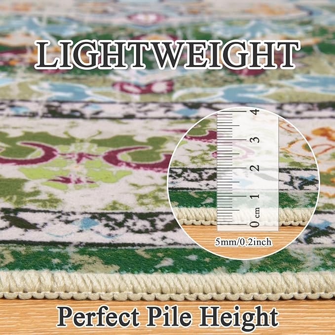 U'Artlines Boho Vintage Round Area Rug 6ft Machine Washable Low Pile Soft Floor Carpet Non Slip Non Shedding Accent Rug for Living Room Bedroom Entryway Dining Room Office Green