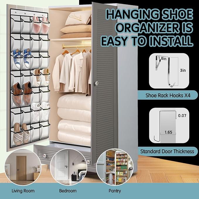 28 Compartment Over the Door Shoe Organizer, Breathable Mesh Large Shoe Rack for Closet Storage, Space Saving Hanging Shoe Holder with Reinforced Hooks (Fits Men & Women,White-01)