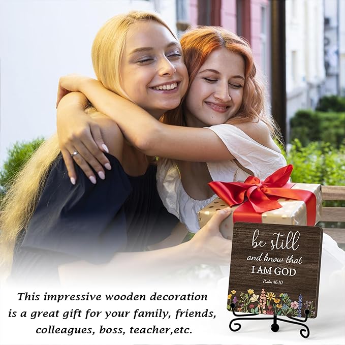 Inspirational Christian Desk Decor, Be Still And Know That I Am God Rutsic Sign, Desk Decorations For Office Home Living Room Bathroom, Eucalyptus Shelf Decor, Wooden Plaque With Stand (06)