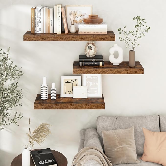 Venusmiles Floating Shelves for Wall, 30" W x 12" D x 2" H, 2 Pack of Long Wall Mounted Engineered Wood Shelves with Invisible Brackets for Living Room, Bedroom, Bathroom, Kitchen Decor, Brown