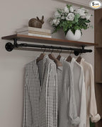 Clothes Rack 42in, Wall Mounted Garment Rack with Real Walnut Wood Shelf, Heavy Duty Hanging Clothes Rack, Multi-Purpose Hanging Rod, Space-Saving Closet Storage