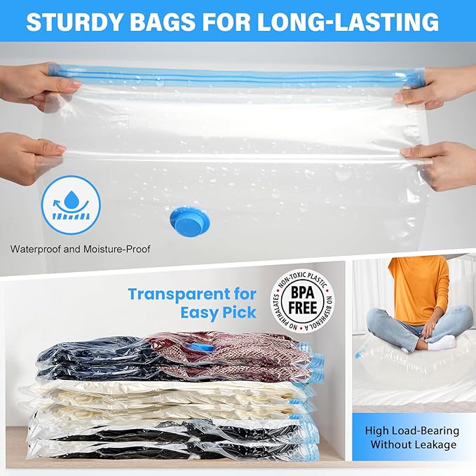 12Pack Thickened Space Saver Vacuum Storage Bags Jumbo for Clothes with Hand Pump, Vacuum Sealed Bags for Clothing, Comforters and Blankets