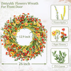 26" Floral Wreath, Artificial Spring Wreaths for Front Door, with Wildflower Portulaca Flowers, Indoor Outdoor Porch Window Wall Home Decor for Valentine’s Day Easter, Summer & Wedding Orange