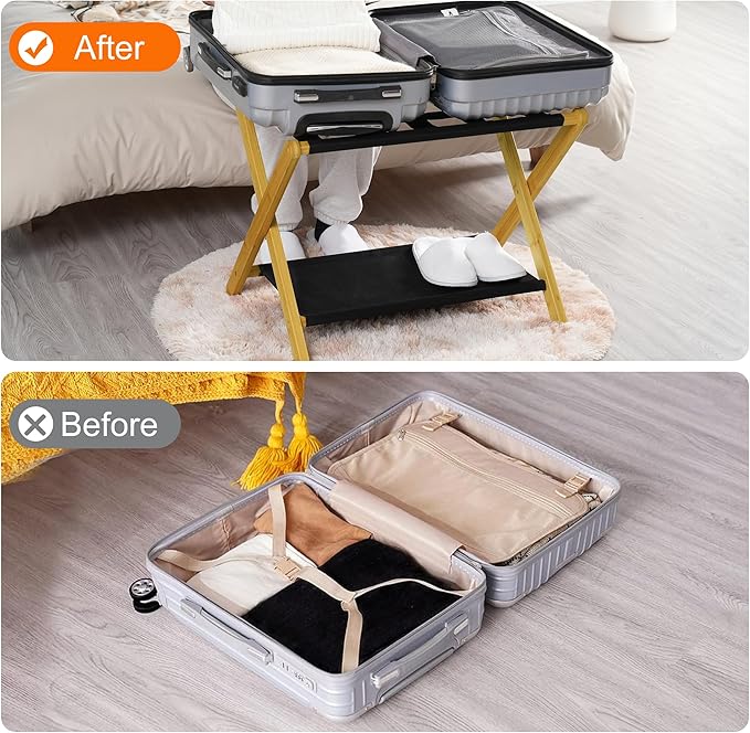 Heybly Luggage Rack, Pack of 2, Folding Suitcase Stand with Storage Shelf, Heavy-Duty Luggage Holder for Guest Room Bedroom Hotel, Holds up to 165 lb,Natural, HLR010N2