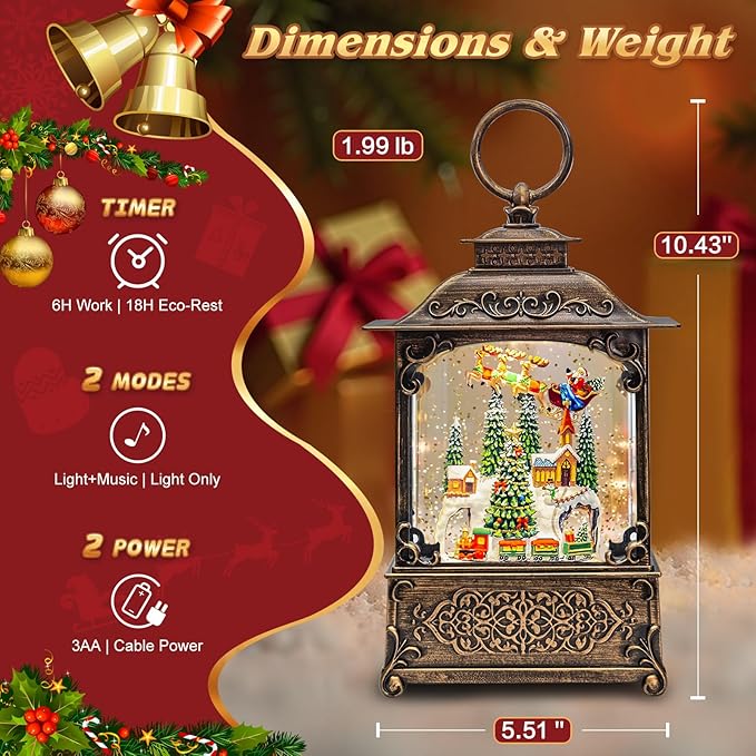Snow Globe, Santa Snow Globe Christmas Tree, Lighted Musical Decorations Lantern,Village Houses, Train Battery, Reindeer, USB or Battery Operated，Gifts for Men and Kids.