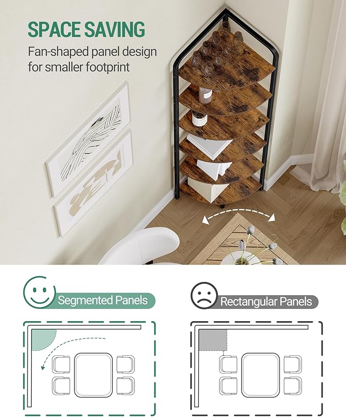 Hzuaneri Corner Shelf Stand, Corner Bookshelf, Plant Shelf, Corner Display Rack, Standing Shelf with Metal Frame for Living Room, Bathroom, Kitchen, Industrial Style, 6 Tier Rustic Brown CS06601B