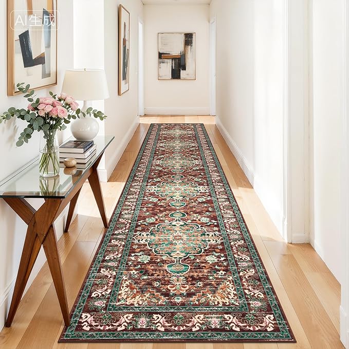 U'Artlines 3' x 14' Boho Hallway Runner Rug, Rust Non Slip Washable Vintage Farmhouse Accent Rug Carpet for Kitchen Entryway Laundry and Living Room (Rust＆Teal)