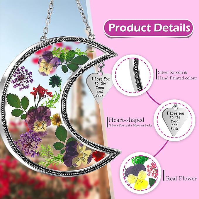 KY&BOSAM Moon Suncatcher Stained Glass for Window Hangings Wind Chime Decor with Pressed Real Flower and Metal I Love You to The Moon and Back Charm Birthday Gift for Women Mom Mother`s Day Christmas