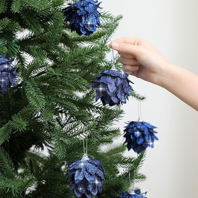 Jetec 8 Pieces Christmas Ornaments Glitter Christmas Tree Hanging Decoration Decorative Artificial Pine Cones Flowers Hanging Ornaments for Winter Wreath Holiday Decor(Navy Blue)
