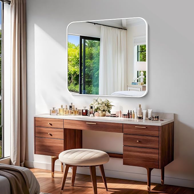 BONEWEI White Bathroom Mirror,36x40 inch Wall Mirror for Bathroom Wall Mounted,Rectangle Mirror for Bathroom Over Sink,Modern Frame Round Corner for Living Room,Bedroom Entryway,Horizontal/Vertical