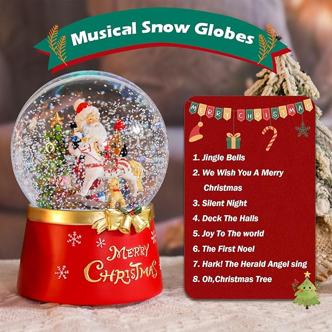 Christmas Snow Globe Musical Santa Claus with Presents Xmas Tree Red Water Snow Globes LED Light Change Music Box Home Christmas Decor for Kids Santa Snow Globes