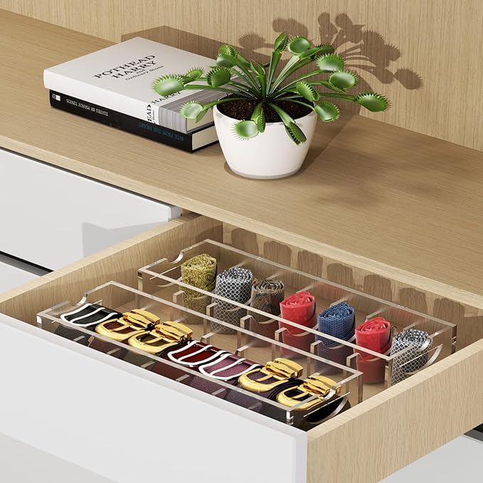 Acrylic Belt Organizer with Dust Cover – Clear Belt Storage Box for Closet or Drawer, Belt and Tie Display Holder Case with 7 Compartments for Men and Women