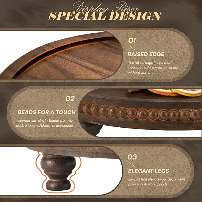EOSAHR Acacia Wood Beaded Round Display Riser for Boho Decor – 3-Leg Wooden Pedestal Stand for Coffee Table, Cake Stand, Perfume Tray & Vanity Organizer – Riser for Decor (Dark Acacia)