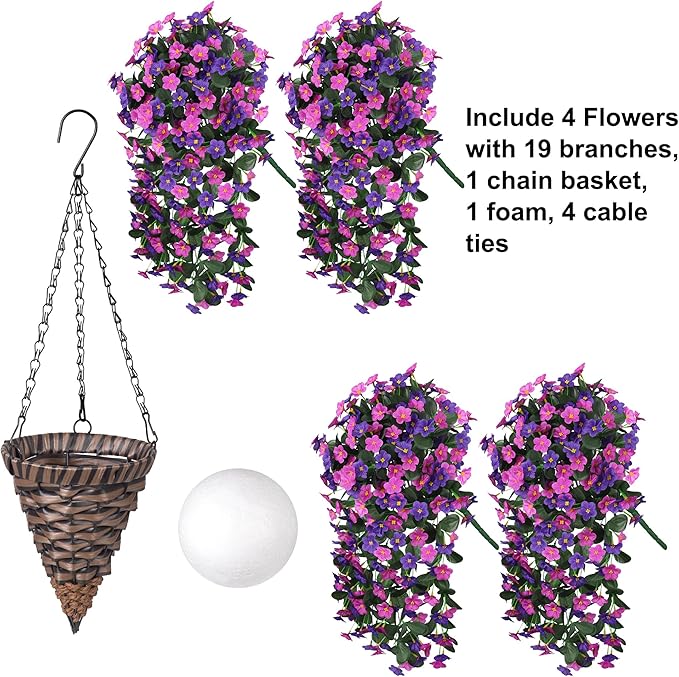 Artificial Faux Fall Hanging Flowers Plants Baskets for Outdoor Outside, Fake Silk Dark Purple Fuchsia Daisy Mums Trailing Vines in Planter Realistic UV Resistant for Balcony Porch Decor