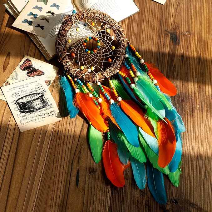 Dream Catcher Native American Boho Dreamcatcher Rattan Wall Decor, Handmade Natural Goose Feathers Blue Beaded Hanging Wall Art Indian Decor for Bedroom Living Room