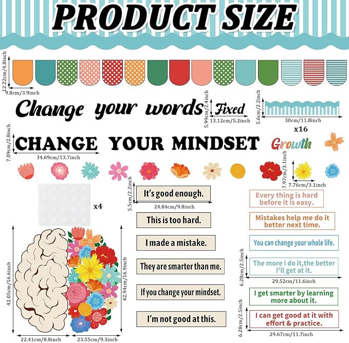 Growth Mindset Bulletin Board Classroom Decoration Flower Themed Change Your Mindset Bulletin Board Set Daisy Brain Cutouts Spring Positive Sayings Posters Decor for Back to School Teacher