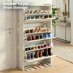 Shoe Cabinet for Entryway Slim, 3-Drawer Flip Hidden Shoe Storage for 21 Pairs, Narrow Tall Wooden Rack with Bottom Shelf & Fenced Top, White