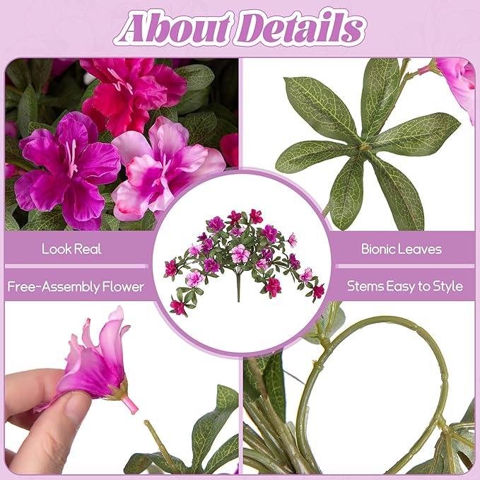 Artificial Fake Azalea Flowers for Outdoor Spring Decoration, Faux Silk Flower for Summer UV Resistant Look Real Plants for Garden Yard Porch Walkway Indoor Decor, 2PCS