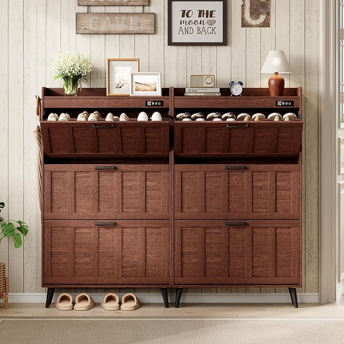 ChooChoo Shoe Storage Cabinet with 3 Flip Drawers, Deodorizing Shoe Organizer Storage for Entryway, Freestanding Hidden Slim Narrow Shoe Rack Cabinet, Walnut