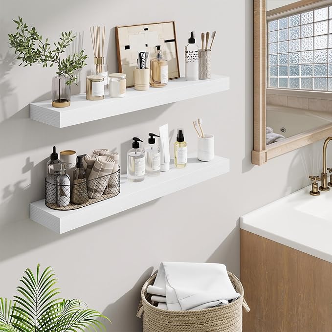 Fun Memories Bathroom Shelves 32 Inch Long Set of 2, Floating Shelves for Wall with Invisible Brackets, for Bedroom, Living Room, Kitchen, White