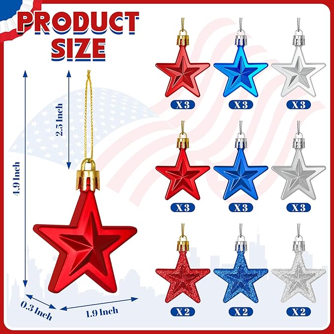 24PCS 4th of July Decorations for Tree, Patriotic Star Shaped Ornaments, Pre-Assembled Red Silver and Blue Star Ornaments, 250 Anniversary USA Merchandise for Memorial Day Fourth of July Party Decor