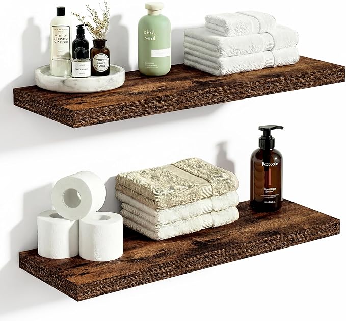 Vivelove 10 Inch Deep Floating Shelves 24 inch Long, 24 x 10 Wide Wall Shelves with Invisible Brackets, for Bedroom Bathroom Living Room Kitchen Office, Farmhouse Home Decor, Set of 2, Rustic Brown