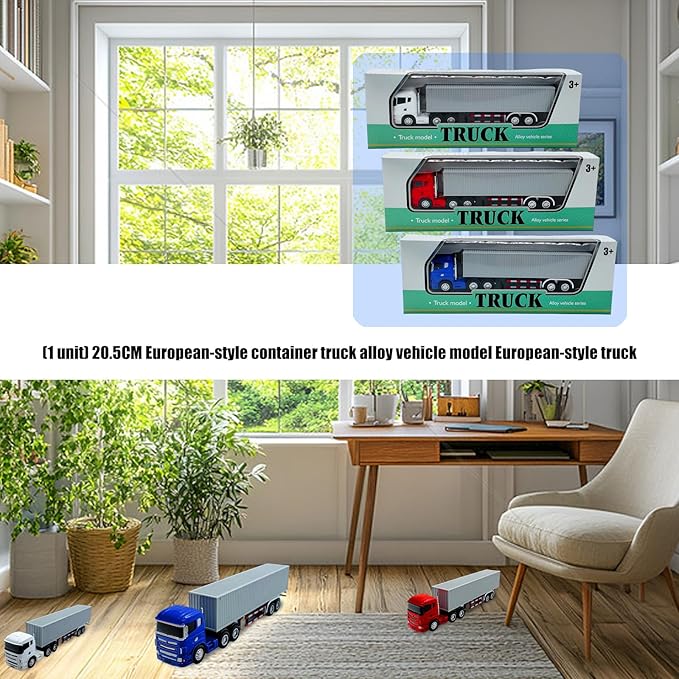 Container Truck Die Cast Metal Vehicle Model 20.5CM Miniature Collectible Ornament Home Office Decors Gift Detailed Miniature Truck Model