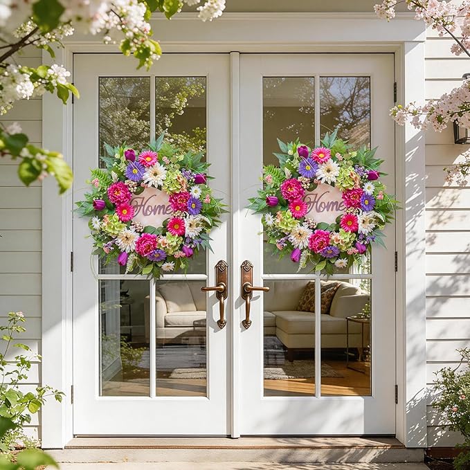Spring Wreaths for Front Door- 24Inch Summer Wreaths with DIY Wooden Home Sign, Artificial Hydrangea, Peony, Tulip & Gerbera Flowers, Spring and Summer Door Wreaths for Indoor Outdoor Decor