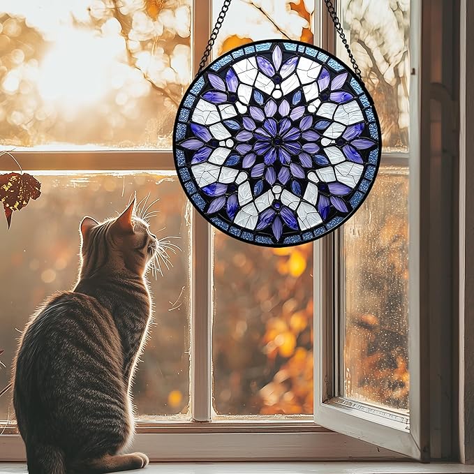 Stained Glass Window Hanging, Purple Blue Tiffany Style Flowers Sun Catcher for Window Door Home Decor Suncatcher Christmas Mother's Day Birthday Gifts for Women Men Mom Nana 9.8 in