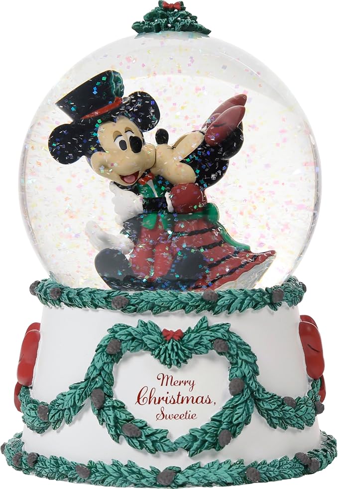 Precious Moments 241701 Merry Christmas, Sweetie Disney Mickey Mouse and Minnie Mouse Resin/Glass Musical Snow Globe