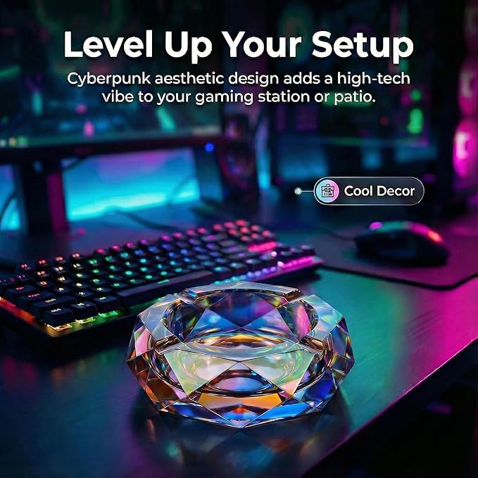 Kaforise Heavy K9 Crystal Ashtray for Cigarettes – Cool Color-Changing Glass Ash Tray for Outdoor Patio & Home Decor – Fancy Geometric Tabletop Accessories, Unique Luxury Gift for Men Smokers (01)