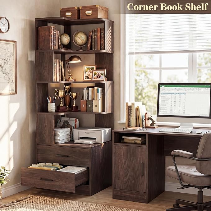 Armocity Corner Bookshelf with Drawers, 7 Tier Corner Book Shelf Display Bookcase, Freestanding L Shaped Bookshelf for Bedroom, Home Office, Black Walnut