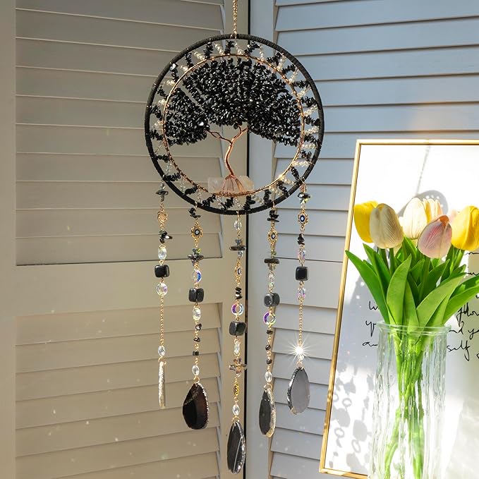 Tree Life Dream Catcher and Sun Catcher, Handmade Healing Crystal Boho Window Hanging for Home Decor, Rainbow Maker Wall Decor, for Women, Housewarming (Black)