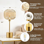 QiMH Glass Table Lamp for Living Room, Modern Bedside Lamp with Champagne Ribbed Glass Shade, 3-Way Dimmable Touch Control Nightstand Lamp for Bedroom, Brushed Gold (2700K LED Bulb Included)