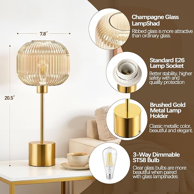 QiMH Glass Table Lamp for Living Room, Modern Bedside Lamp with Champagne Ribbed Glass Shade, 3-Way Dimmable Touch Control Nightstand Lamp for Bedroom, Brushed Gold (2700K LED Bulb Included)