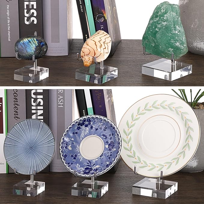Hipiwe Clear Acrylic Display Stand Holder with Adjustable Metal Arms Display Easel Stands for Gemstones Fossils Minerals Agate Slabs Plates Crystals Saucers Collectibles, 2.4x2.4x4.1 inch