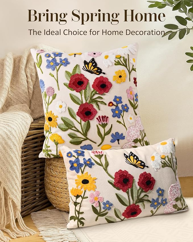 Embroidered Lumbar Pillow Cover 20x12 Inch - Spring Summer Boho Decorative Pillow Cover with Zipper for Living Room Couch Sofa Bed Aesthetic Design Retro Flower Cushion Pillowcase