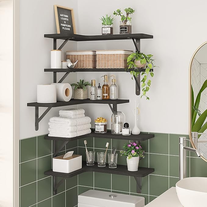 Fixwal Corner Shelves Wall Mounted Set of 5, Floating Shelves for Wall Bathroom, Kitchen, Bedroom, Home Decor, Laundry Room, Living Room (Black)