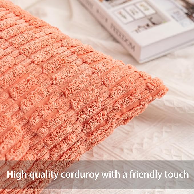 Aegero Pack of 2 Corduroy Decorative Throw Pillow Covers 18x18 InchSoft Boho Striped Pillow Covers Modern Farmhouse Home Decor for Sofa Living Room Couch Bed（Orange）