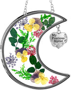 KY&BOSAM Hanging Ornament, My Precious Sister Suncatcher with Pressed Flower, Silver Heart Charm - Mother’s Day, Birthday, Christmas Gift