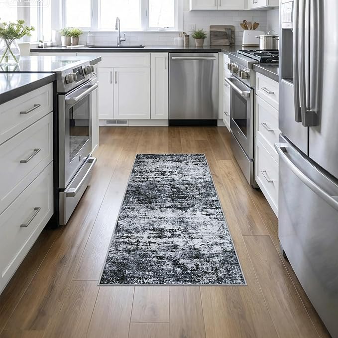 2'x5'Runner Rug Washable Rug: Modern Abstract Soft Thin Runner Rug Black