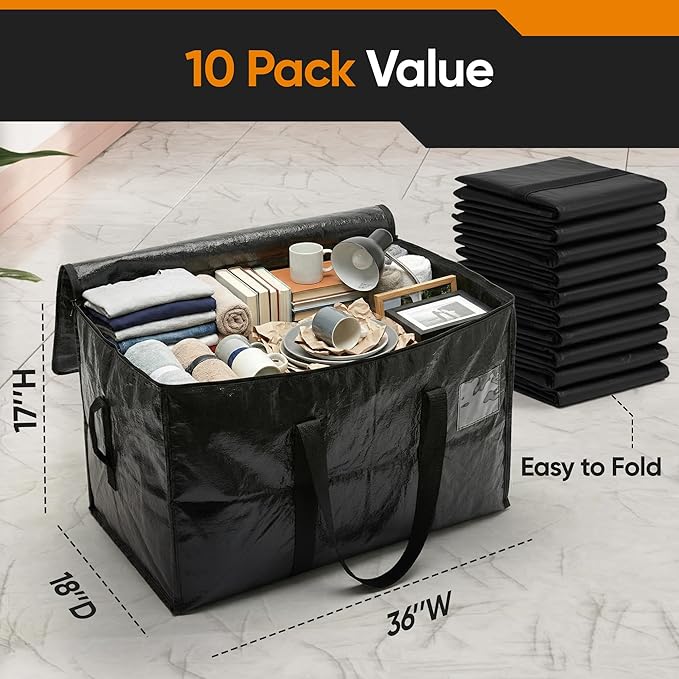 HOLDN’ STORAGE 10-Pack Moving Bags, Extra Large Storage Totes with Zipper Lids, Heavy-Duty Reusable for Clothes, Bedding, Books, 45 Gallons Each