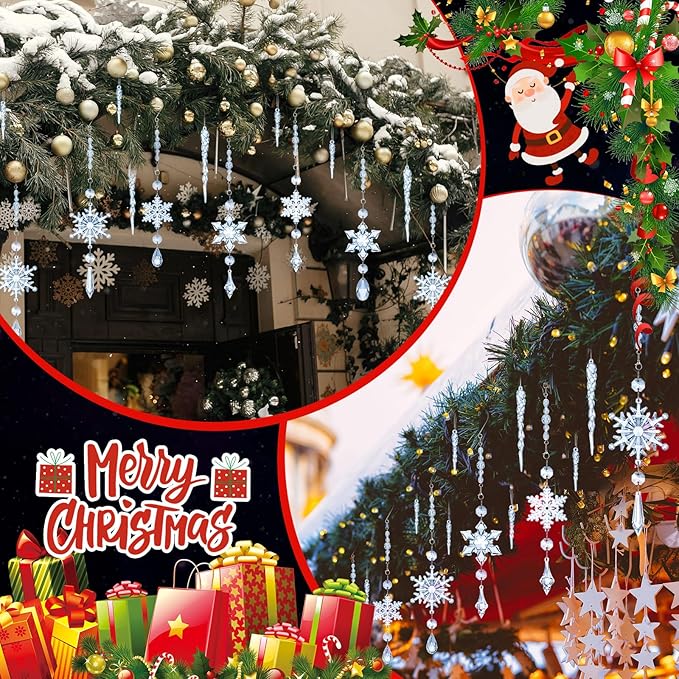 Giegxin 32 Pcs Crystal Christmas Ornaments Crystal Hanging Snowflakes Acrylic Xmas Tree Icicle Drop Decorations with Hooks for Christmas Snow Party Winter(Light Blue)