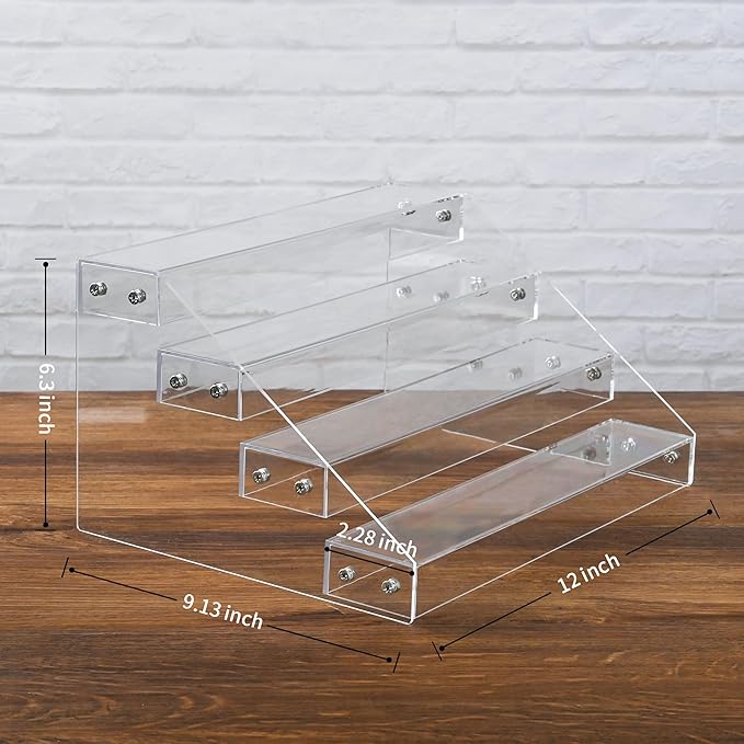 AISIDERK 12" Acrylic Riser Display Stands - 4 Tier Clear Acrylic Display Shelf, Double Sided Usable, Makeup Organizer Perfume Organizer, Acrylic Shelves for Funko Pop Figures , Cupcake, Candy Food